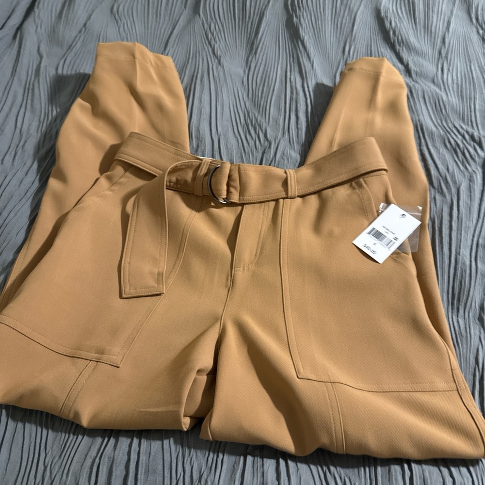 Elegant Tan Belted Women's Trousers